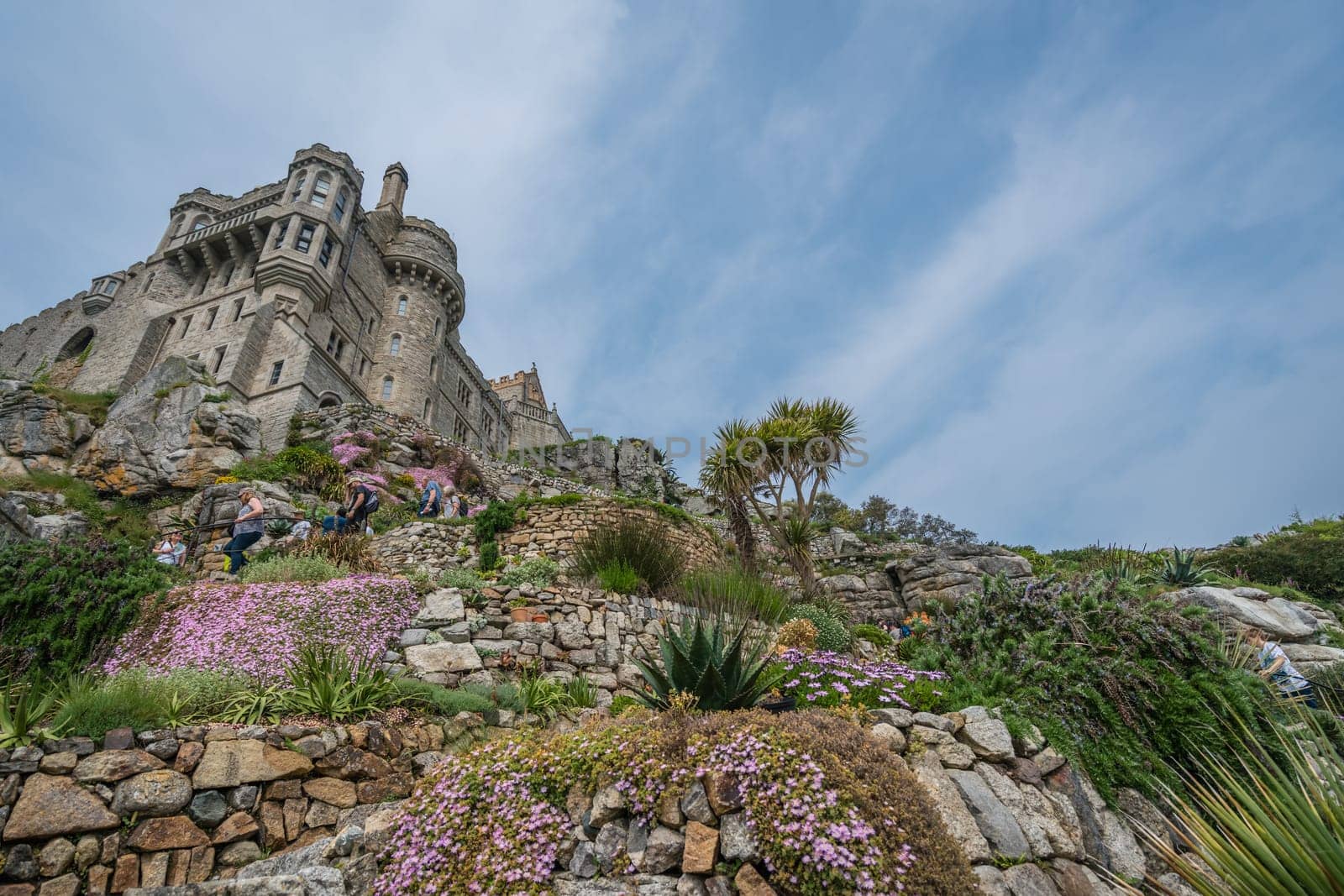 Marazion, England -  May 2018 : St Michaels Mount island fortress and gardens, Marazion near Penzance, Cornwall, UK