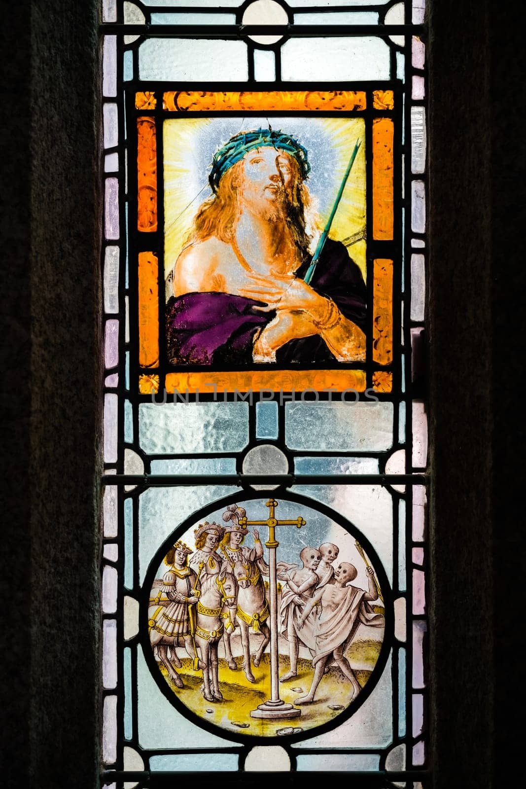 Marazion, England -  May 2018 : Victorian stained glass church window in St Michael`s Mount castle chapel, depicting Jesus Christ, Cornwall, UK