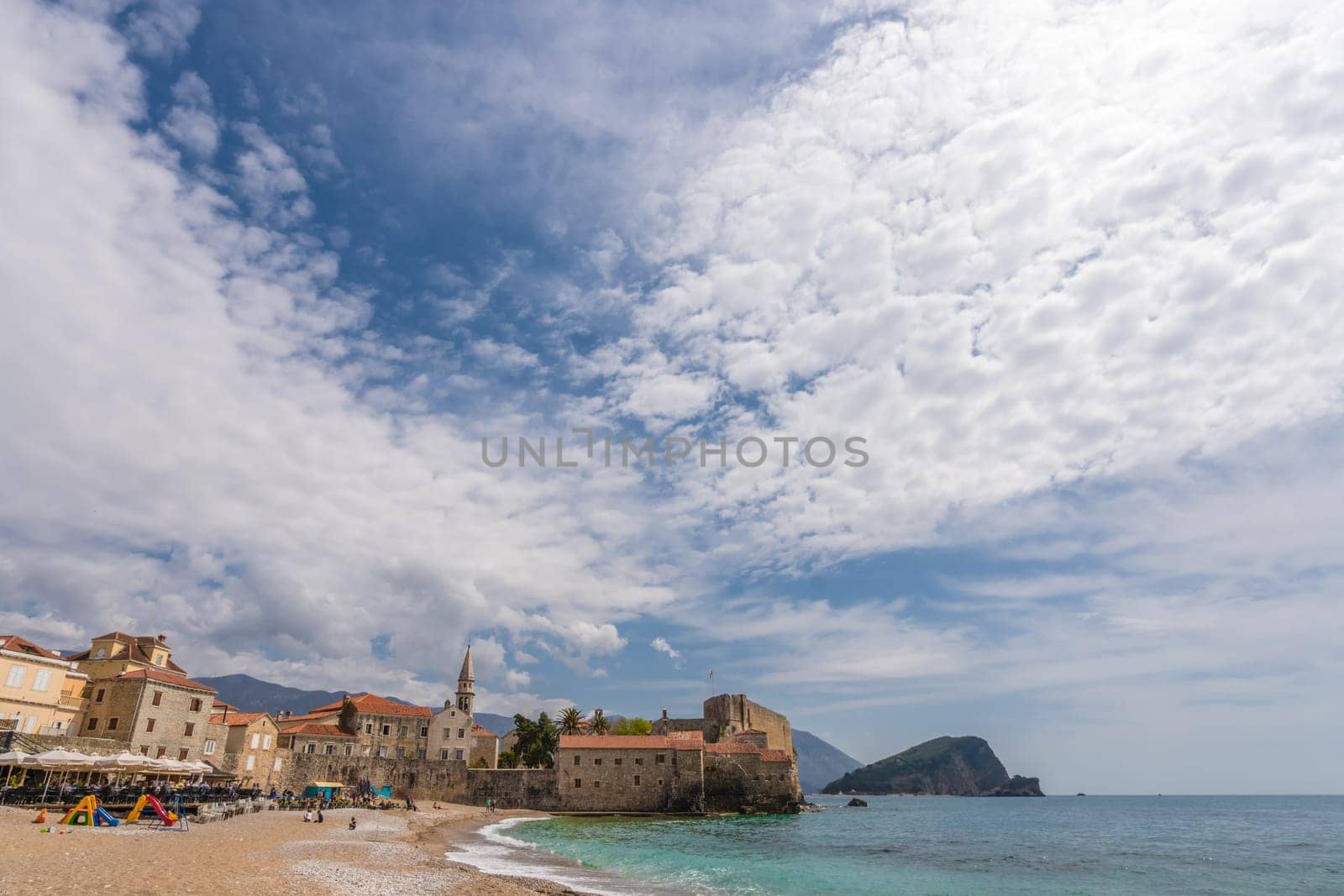 Budva, Montenegro - April 2018 : View of the Old Town Budva centre and the beach