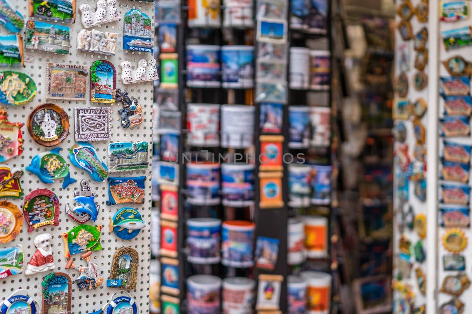Cetinje, Montenegro - April 2018 : Display with souvenir fridge magnets from Montenegro for sale