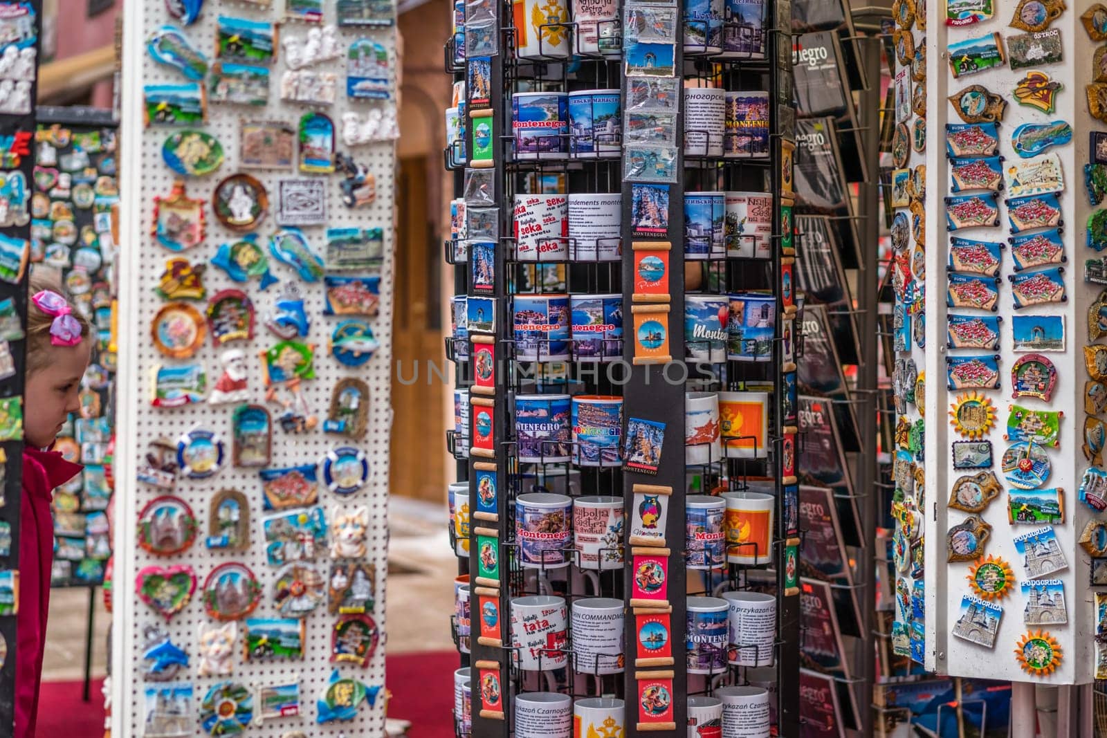 Cetinje, Montenegro - April 2018 : Display with souvenir fridge magnets from Montenegro for sale