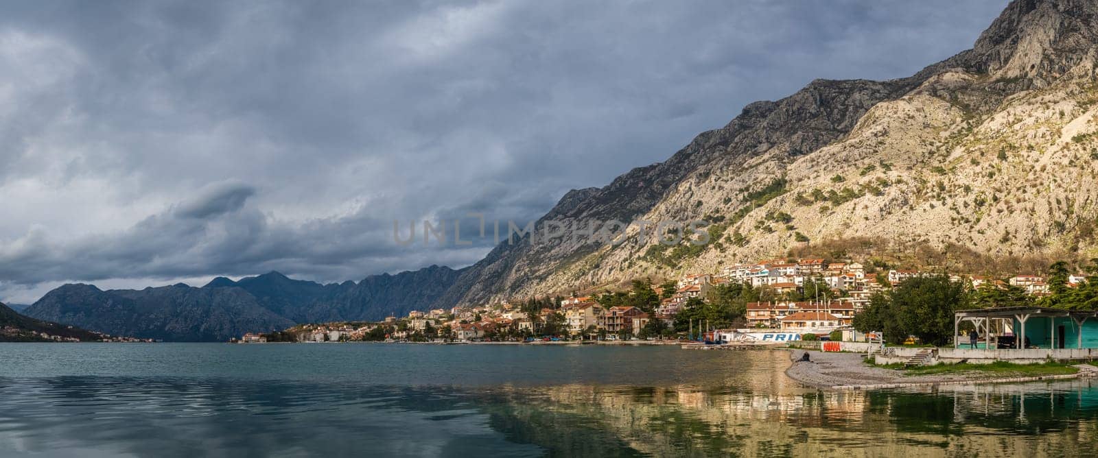 Kotor, Montenegro - March 2018 : Panoramic view of the shore of Kotor bay