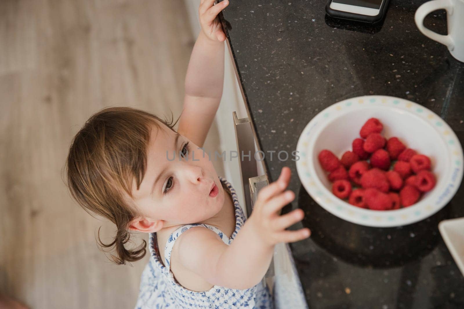 High angle view of a little girl standning in a kicthen and reaching up over the kitchen counter to grab some raspberries.