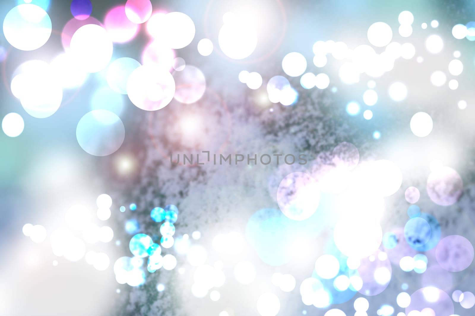 Abstract winter holiday snow background with bokeh lights texture. Christmas time and new year.