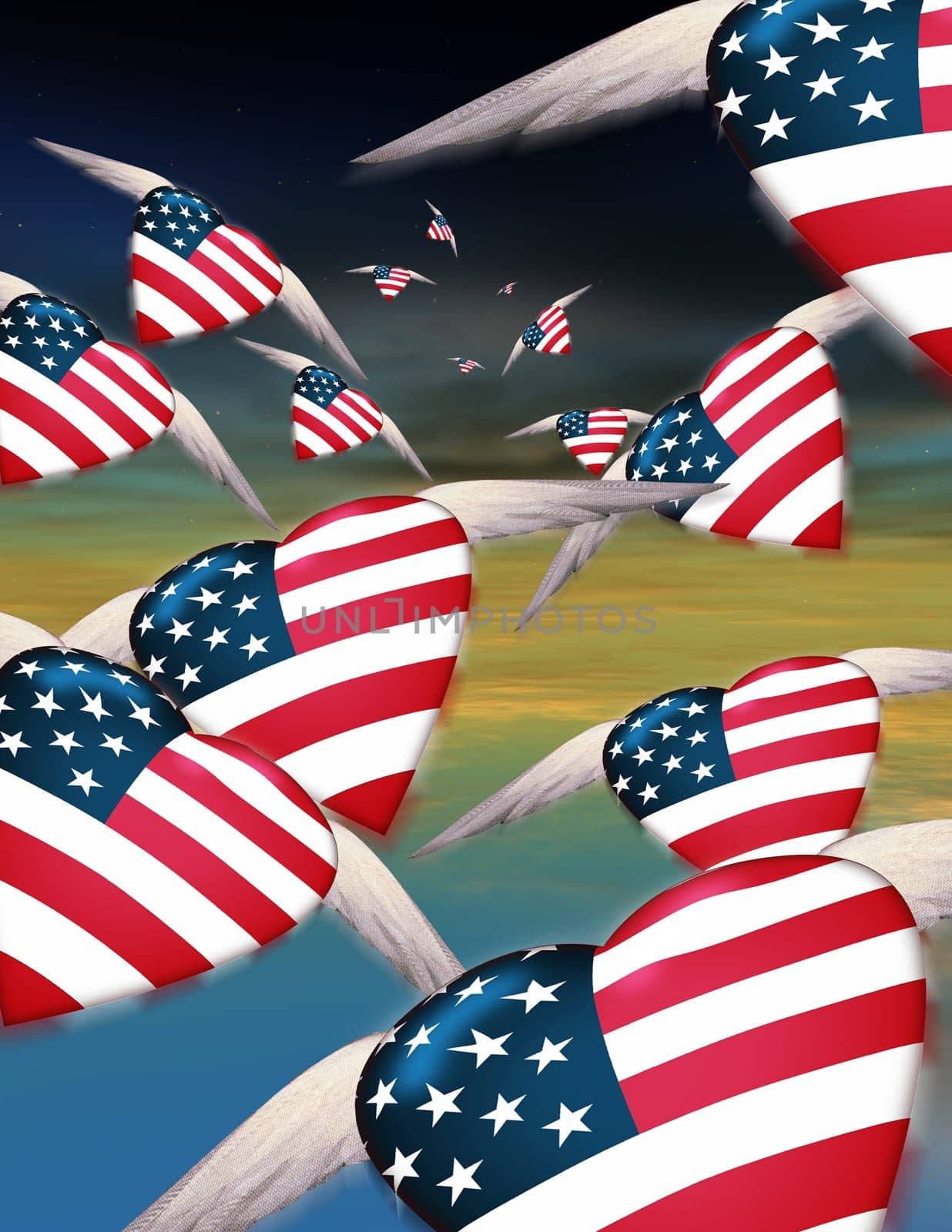 Winged hearts in USA national colors fly into the sky