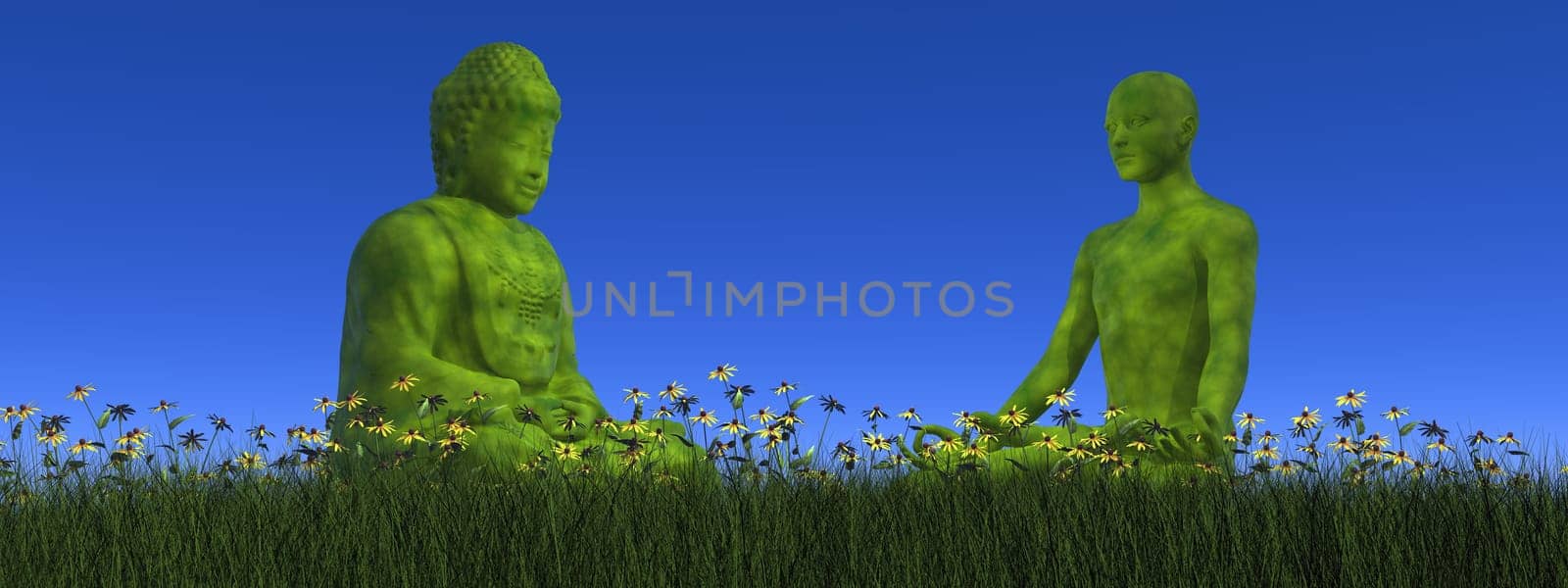 One green buddha sitting in front of green human meditating on the grass with flower by day - 3D render