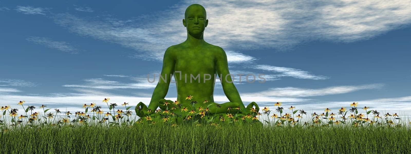 One green human meditating on the grass with flower by day - 3D render