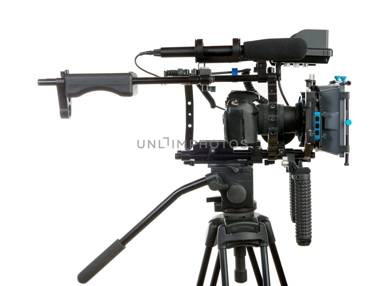 Professional video camera on the white background