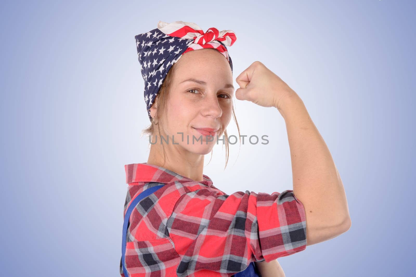 pretty young woman worker vintage on blue background