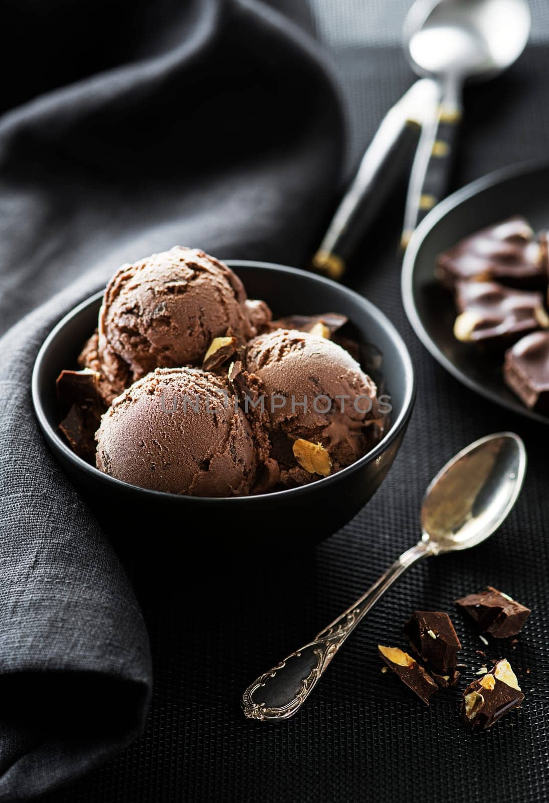 Homemade Organic chocolate Ice Cream scoops decorated with chocolate