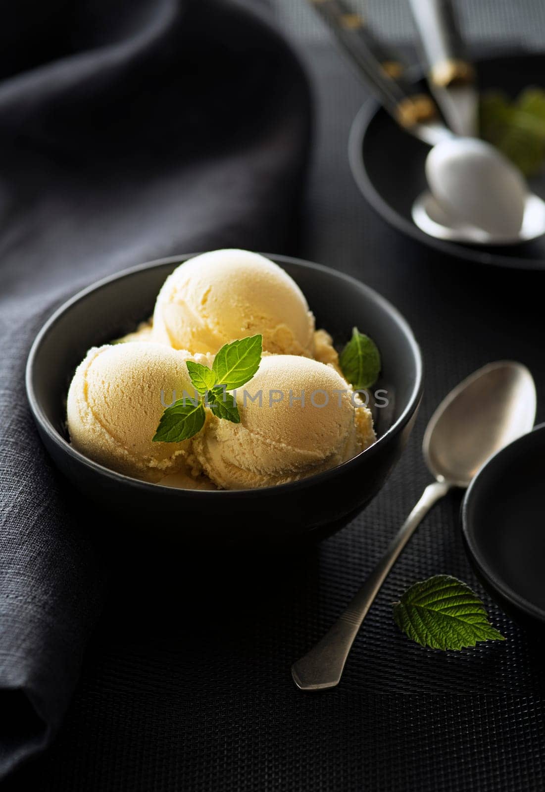 Homemade Organic Vanilla Ice Cream scoops on black table