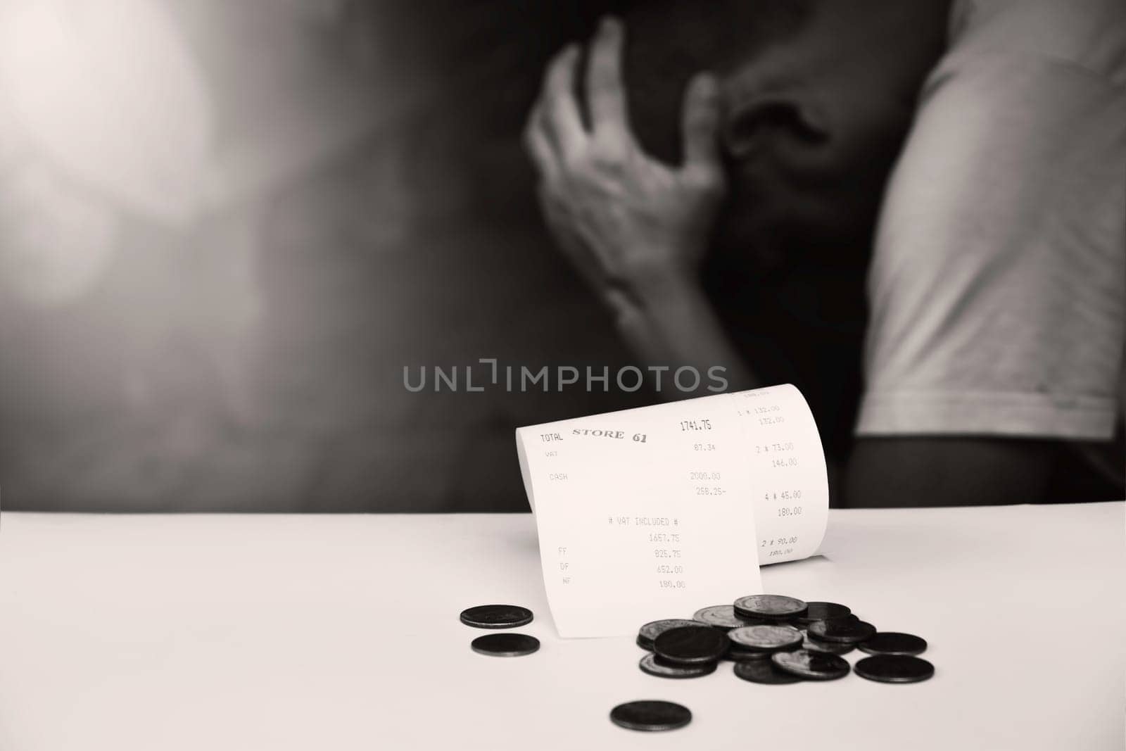 Receipt bill, money cash. Paper invoice and coins with man headache on background black and white style.