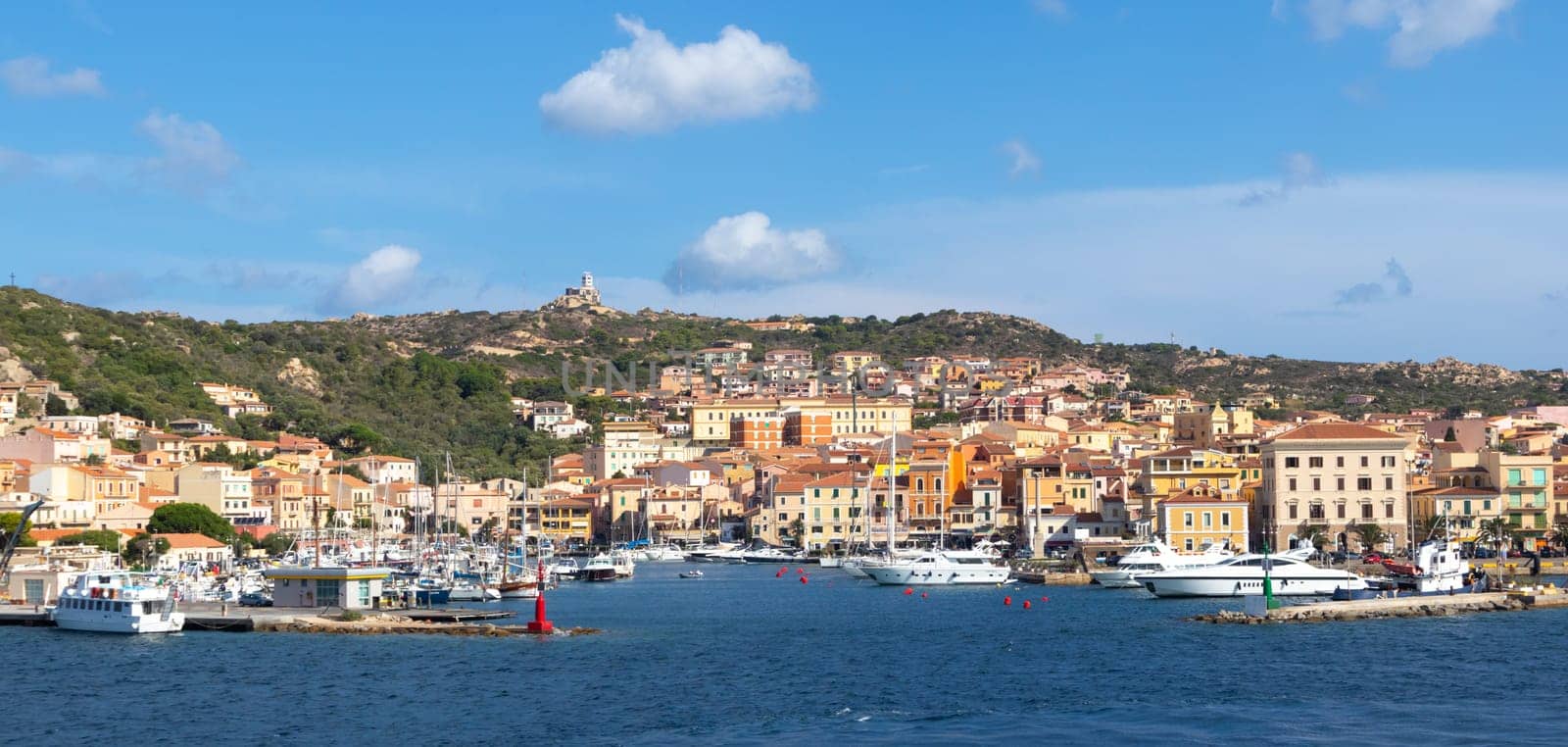 Seaside view of La Maddalena town on Maddalena island of Caprera garibaldi one of the most beautiful Sardinian islands nature reserve, Sardinia, Italy.