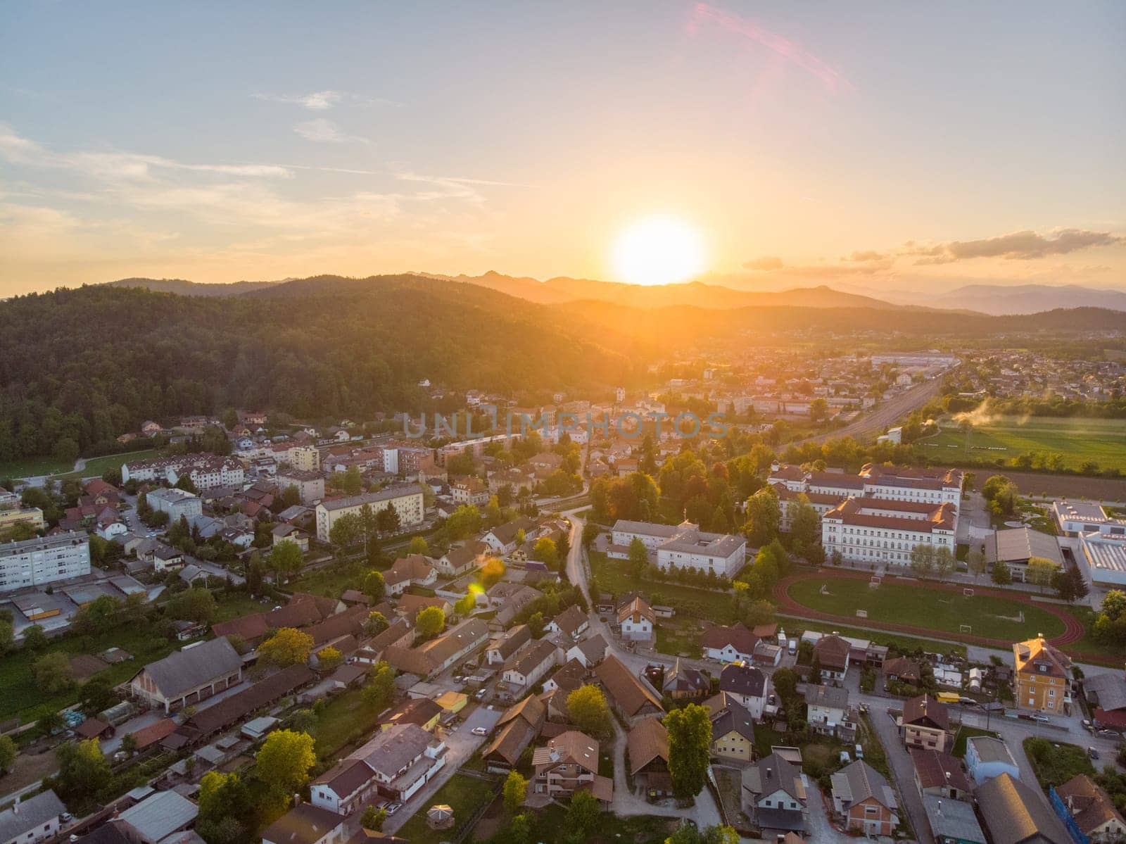 Aerial view Sentvid District of Ljubljana, capital of Slovenia at sunset.