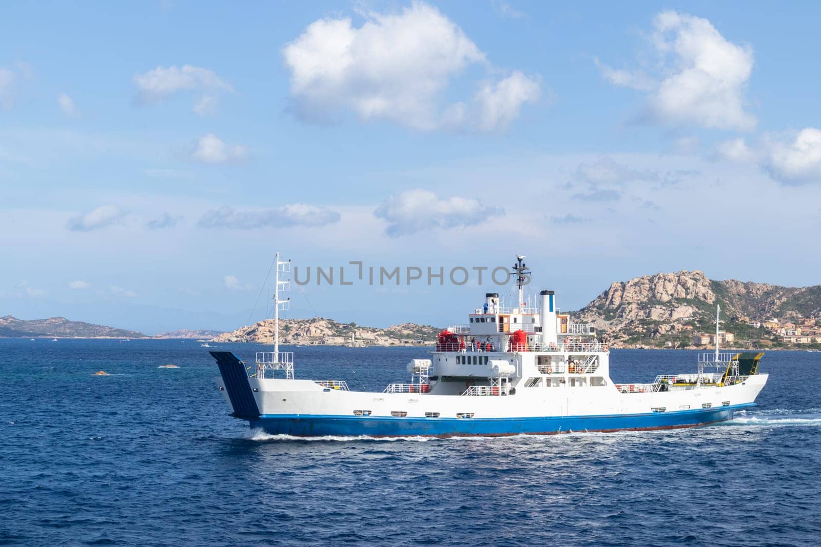 Ferry boat ship sailing between Palau and La Maddalena town, Sardinia island, Italy.