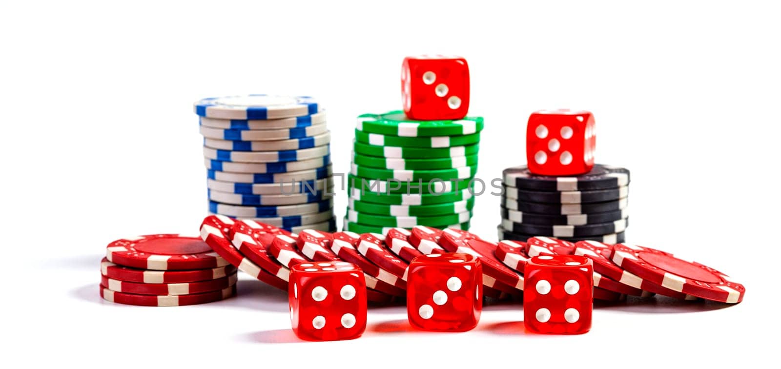Casino Chips Pile With Five Red Dice Isolated On White Background