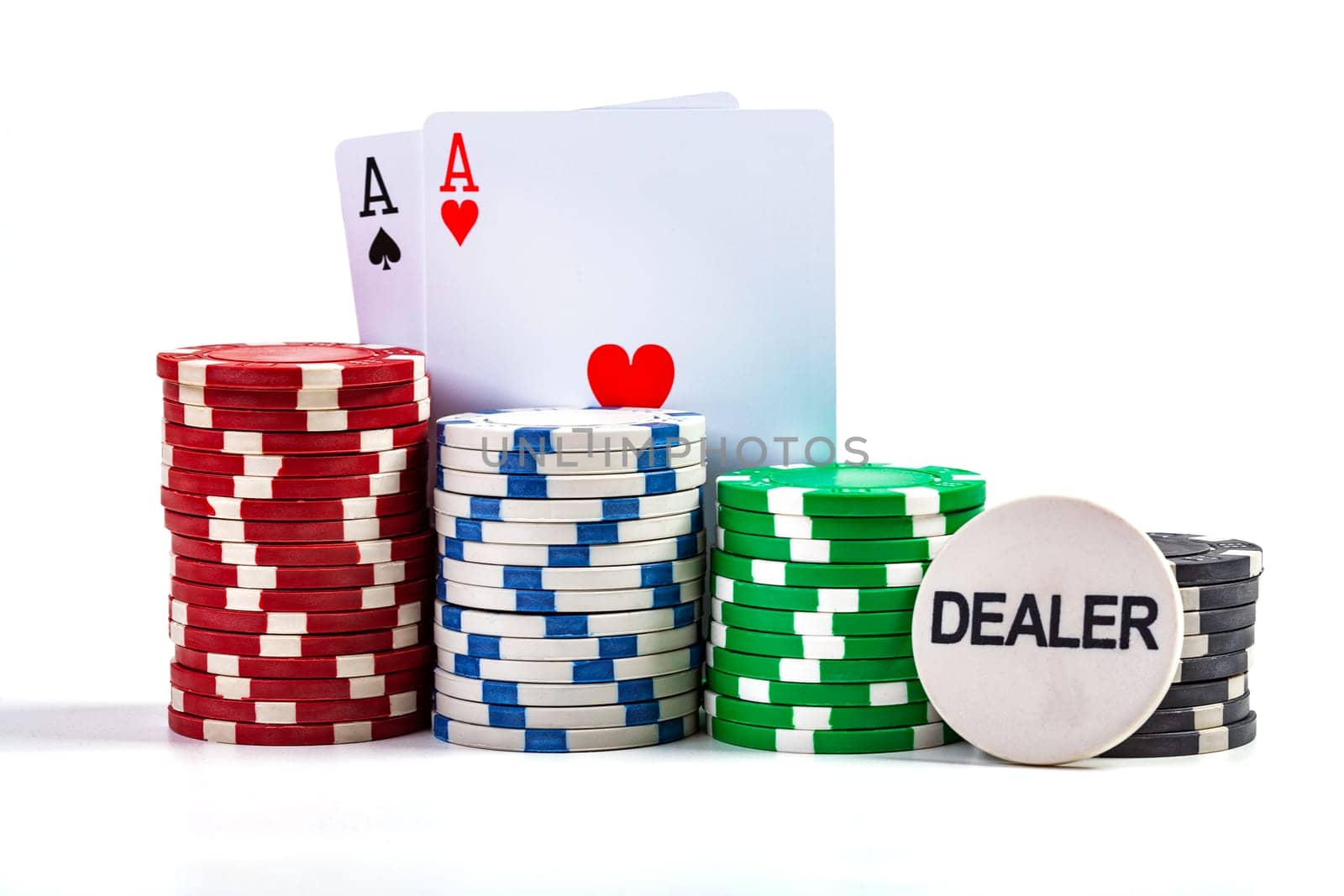 Aces With Casino Chips Isolated On White Background