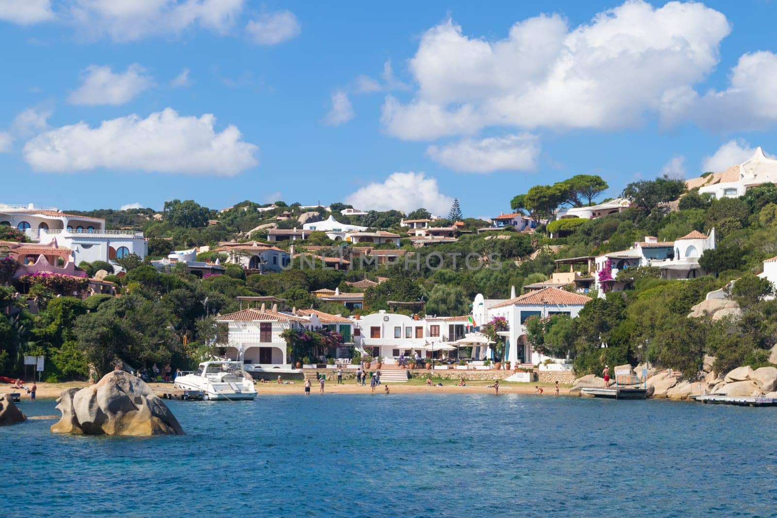 View on the beautiful village of Port Rafael from the sea, Sardinia, Italy.
