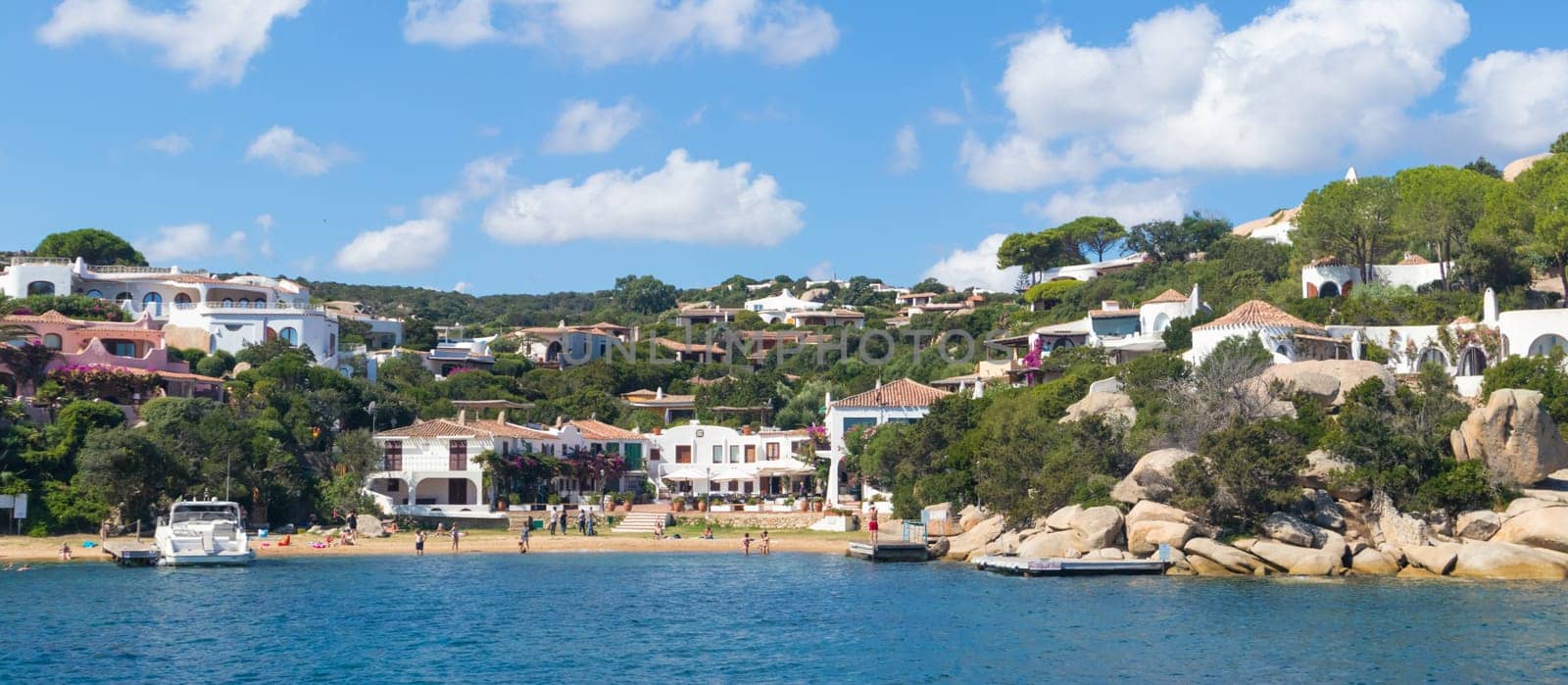 View on the beautiful village of Port Rafael from the sea, Sardinia, Italy.