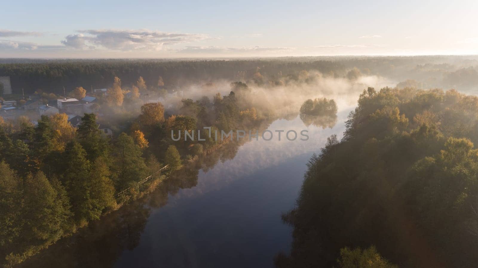 Morning smoke on the water Ulbroka lake Aerial drone top view Latvia