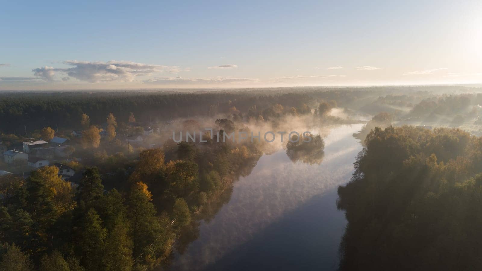 Morning smoke on the water Ulbroka lake Aerial drone top view Latvia