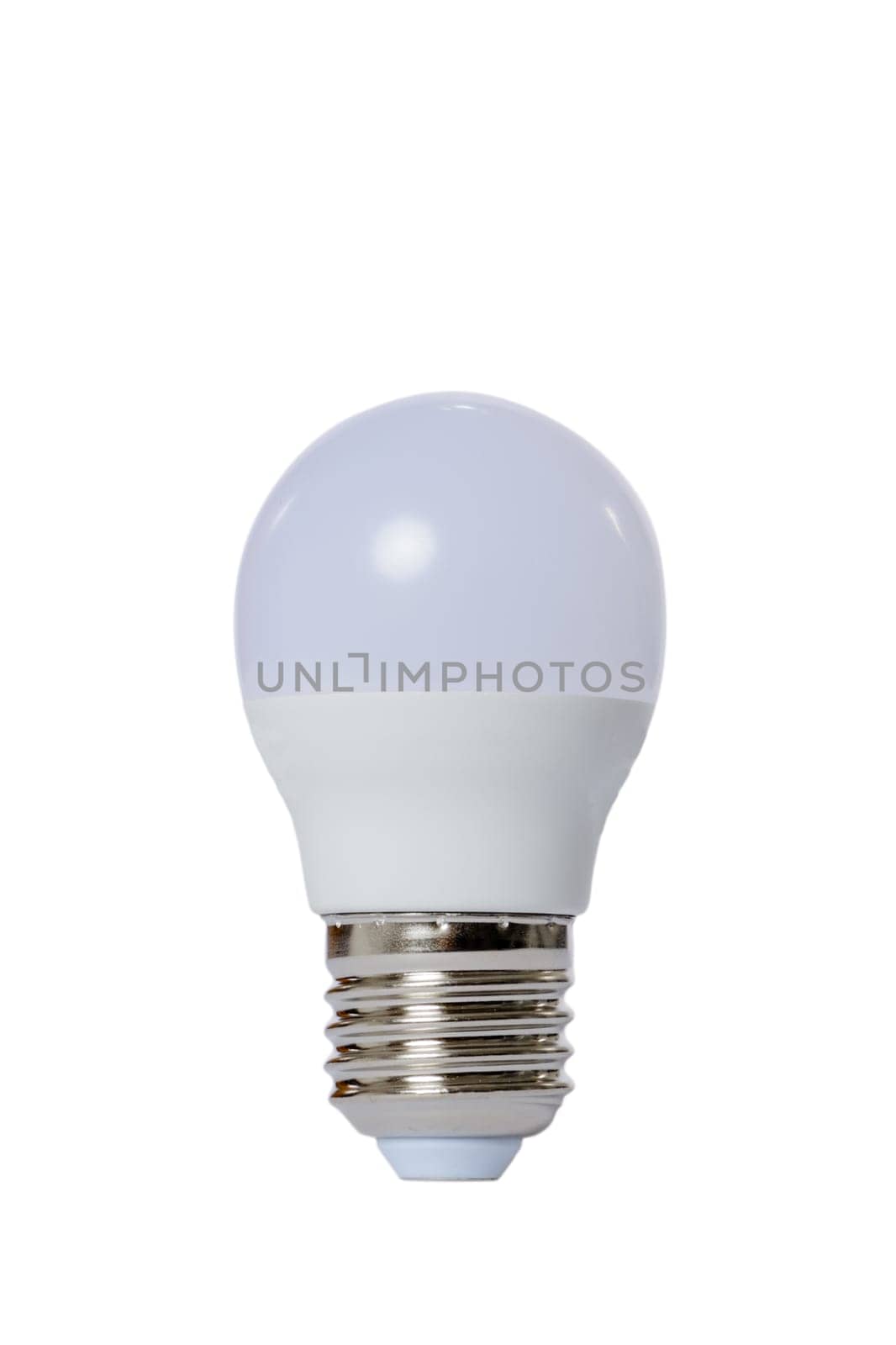 Led lamp with opaque glass bulb and E27 socket. White background.