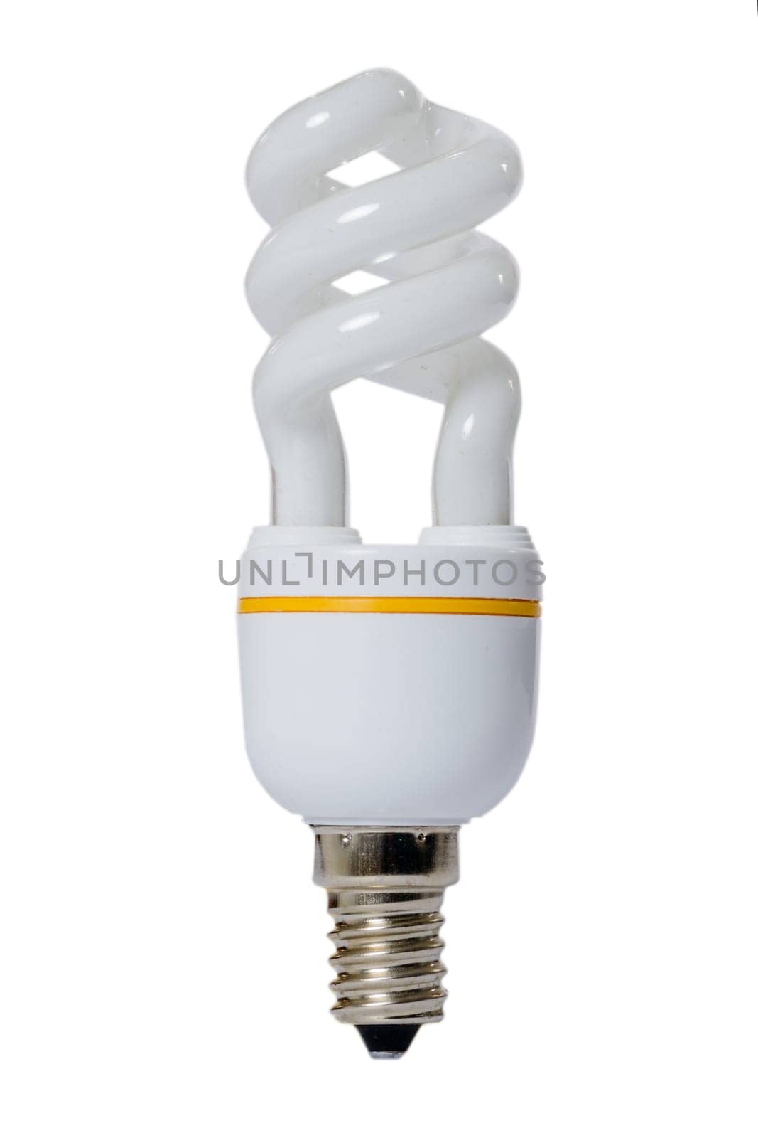 Fluorescent lamp with opaque glass bulb and E27 connection. White background.