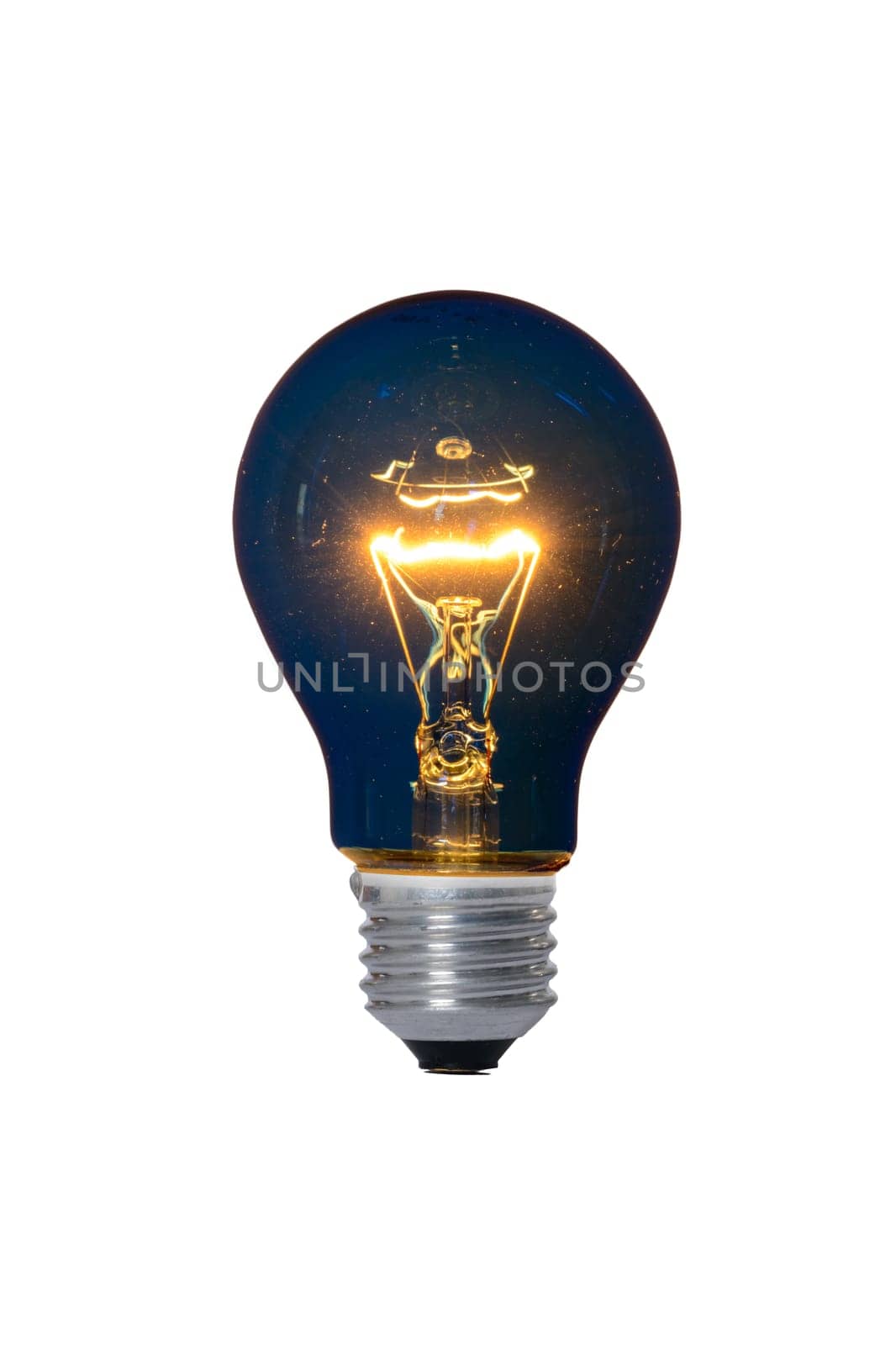 Incandescent lamp with glass bulb and E27 europe blue attachment for reading. Old standard of consumption obsolete and prohibited by current regulations.