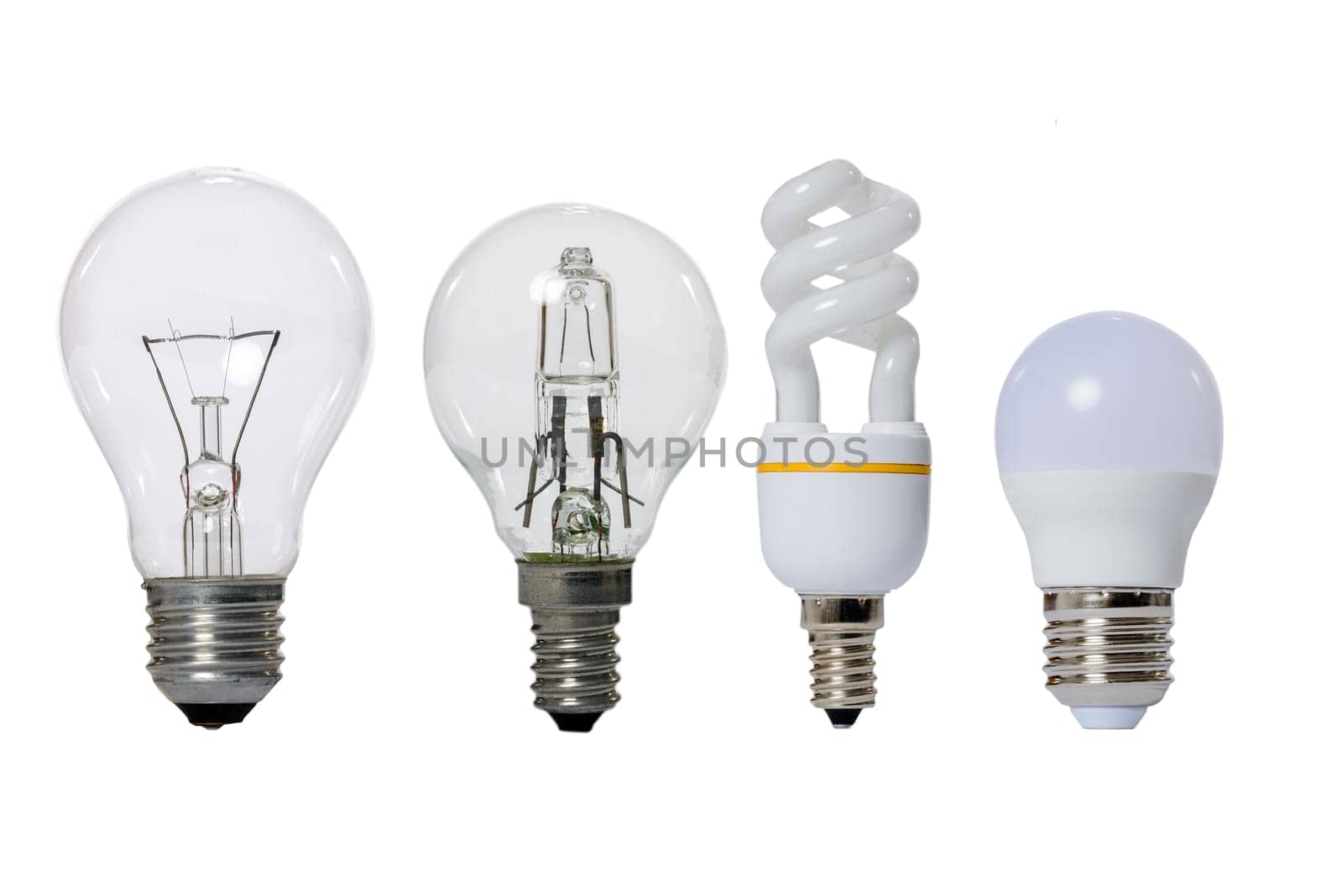 Group of lamps on a white background: led, fluorescent, incandescent, halogen with opaque glass bulb and E27 socket.