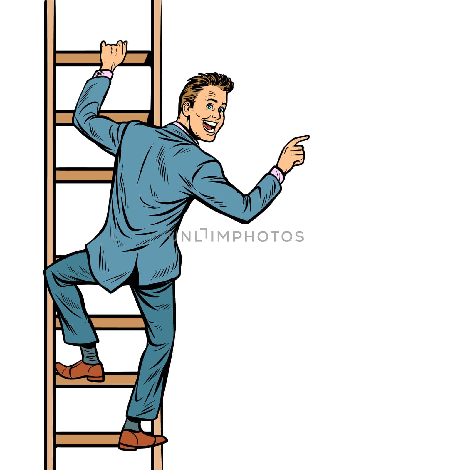 businessman climbs stairs, man points to copy space. isolate on white background. Pop art retro vector illustration vintage kitsch
