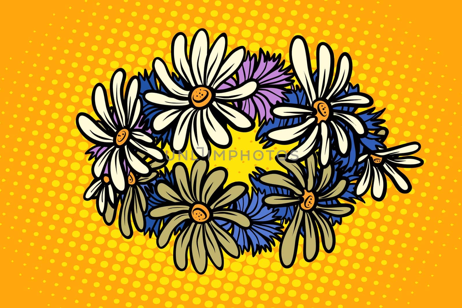 wreath of wild flowers chamomile. Pop art retro vector illustration kitsch vintage