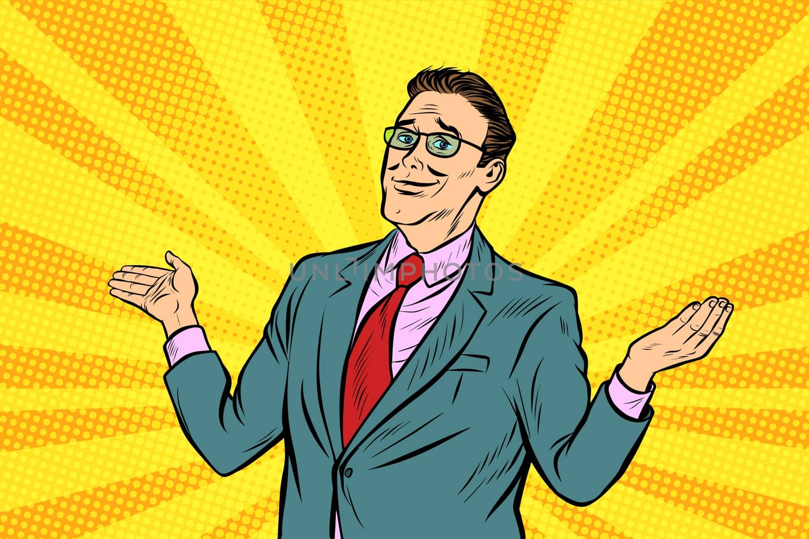 Sorry businessman spread his hands. Pop art retro vector illustration vintage kitsch