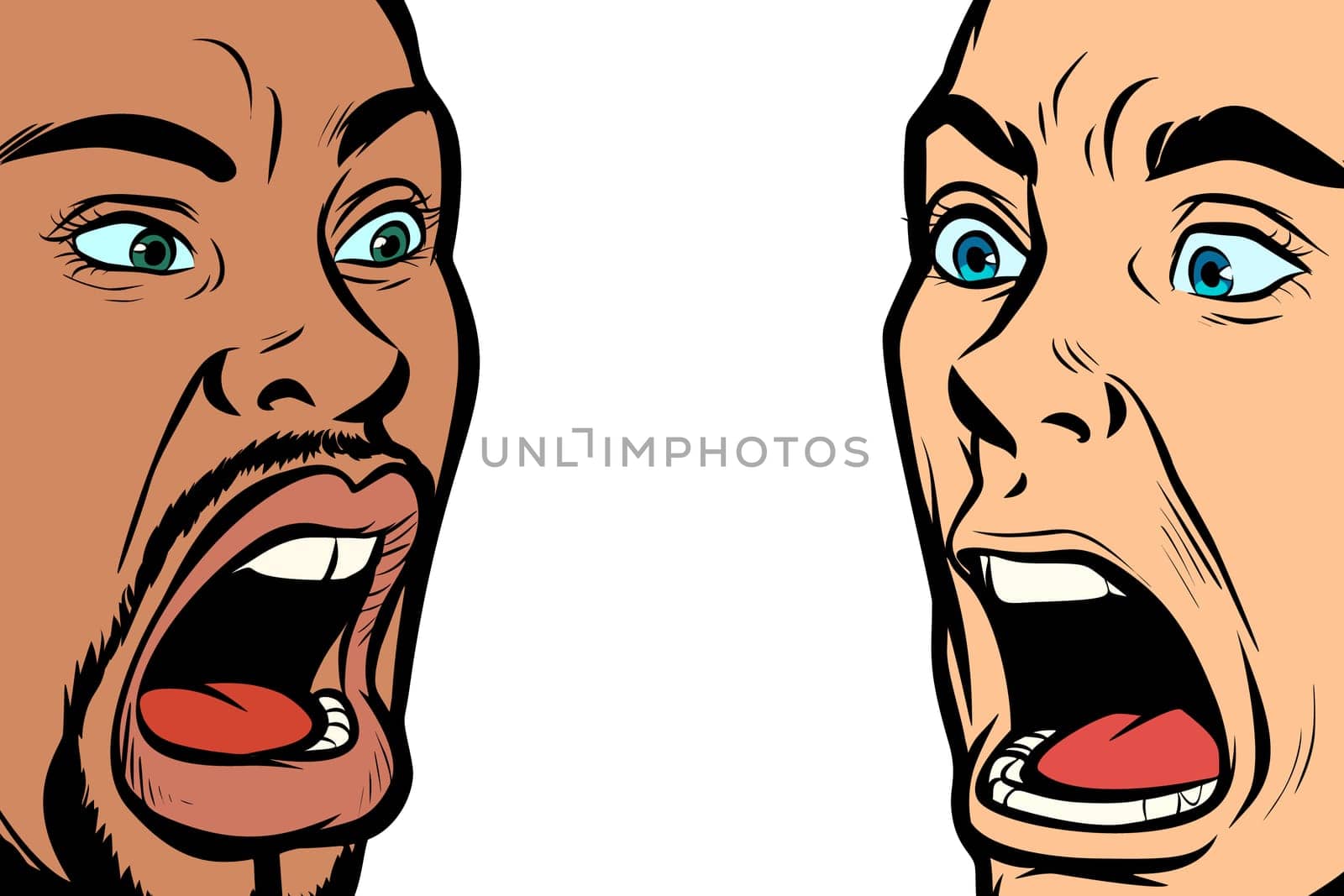 man scream face. African and Caucasian people. Pop art retro vector illustration kitsch vintage