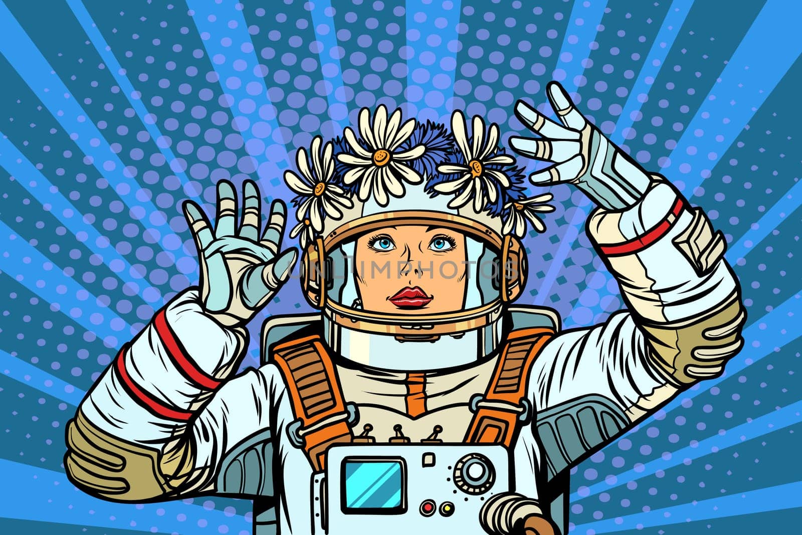 young woman astronaut in a wreath. Pop art retro vector illustration kitsch vintage