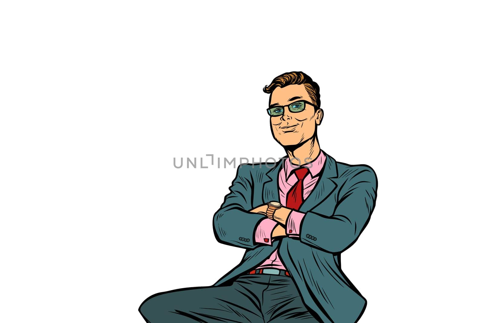 businessman sitting smiling. Pop art retro vector illustration vintage kitsch