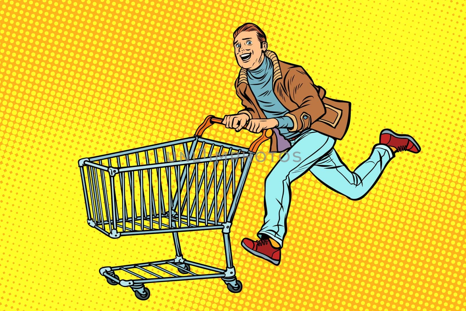 men are on sale. shopping cart shop trolley. Pop art retro vector illustration vintage kitsch