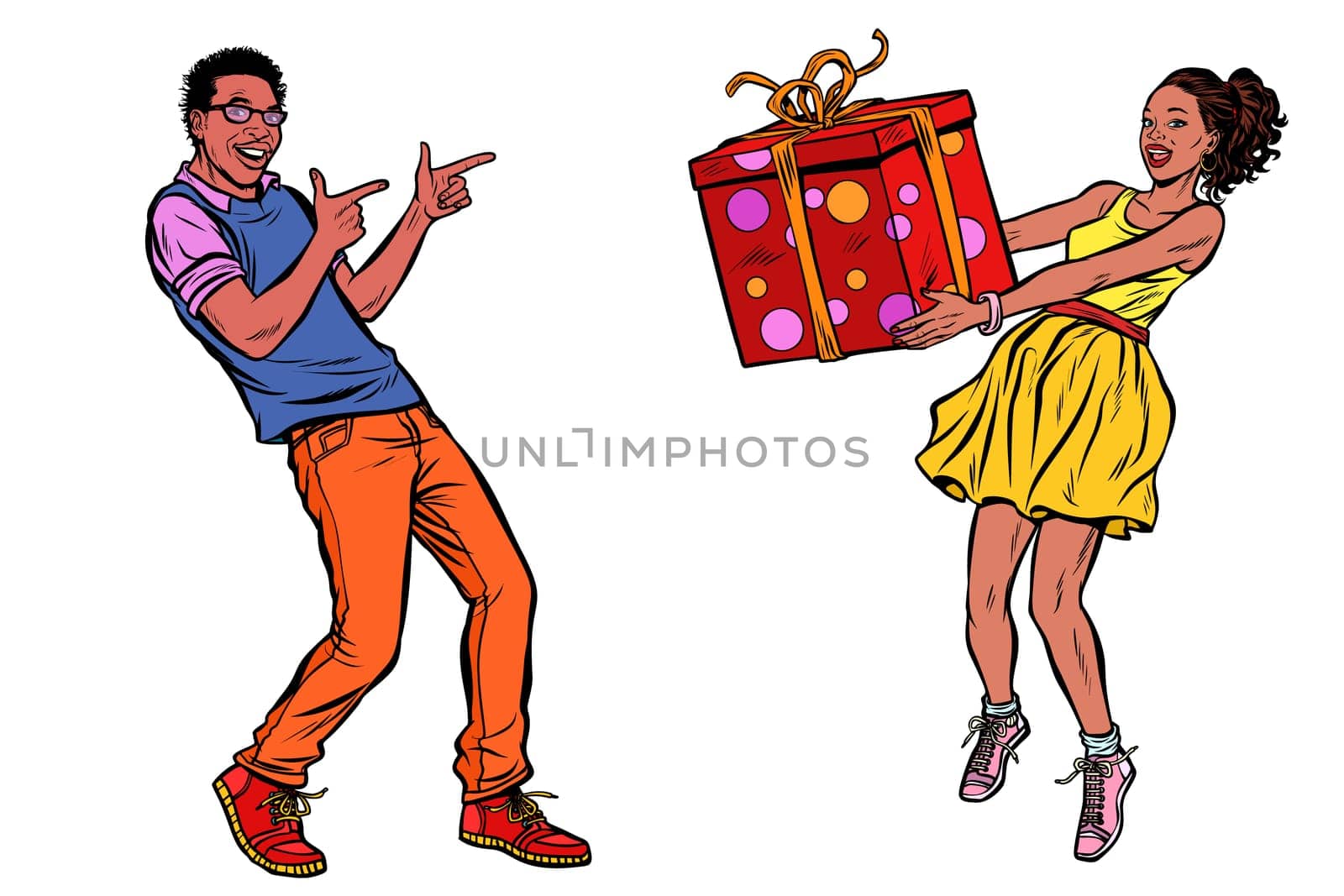 African couple with gift box. Pop art retro vector illustration kitsch vintage drawing