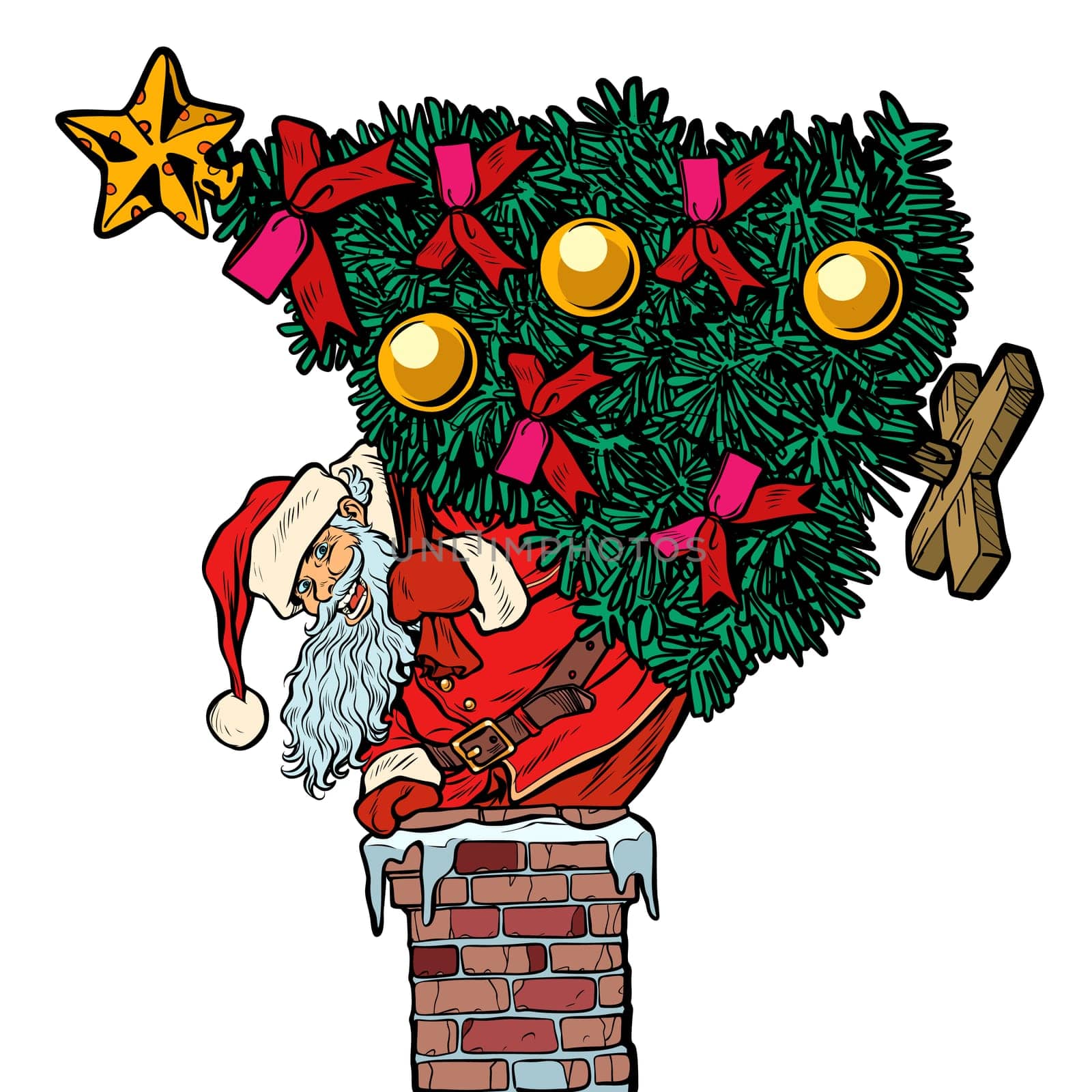 Santa Claus with a Christmas tree climbs the chimney. Isolate on white background. Pop art retro vector illustration vintage kitsch drawing