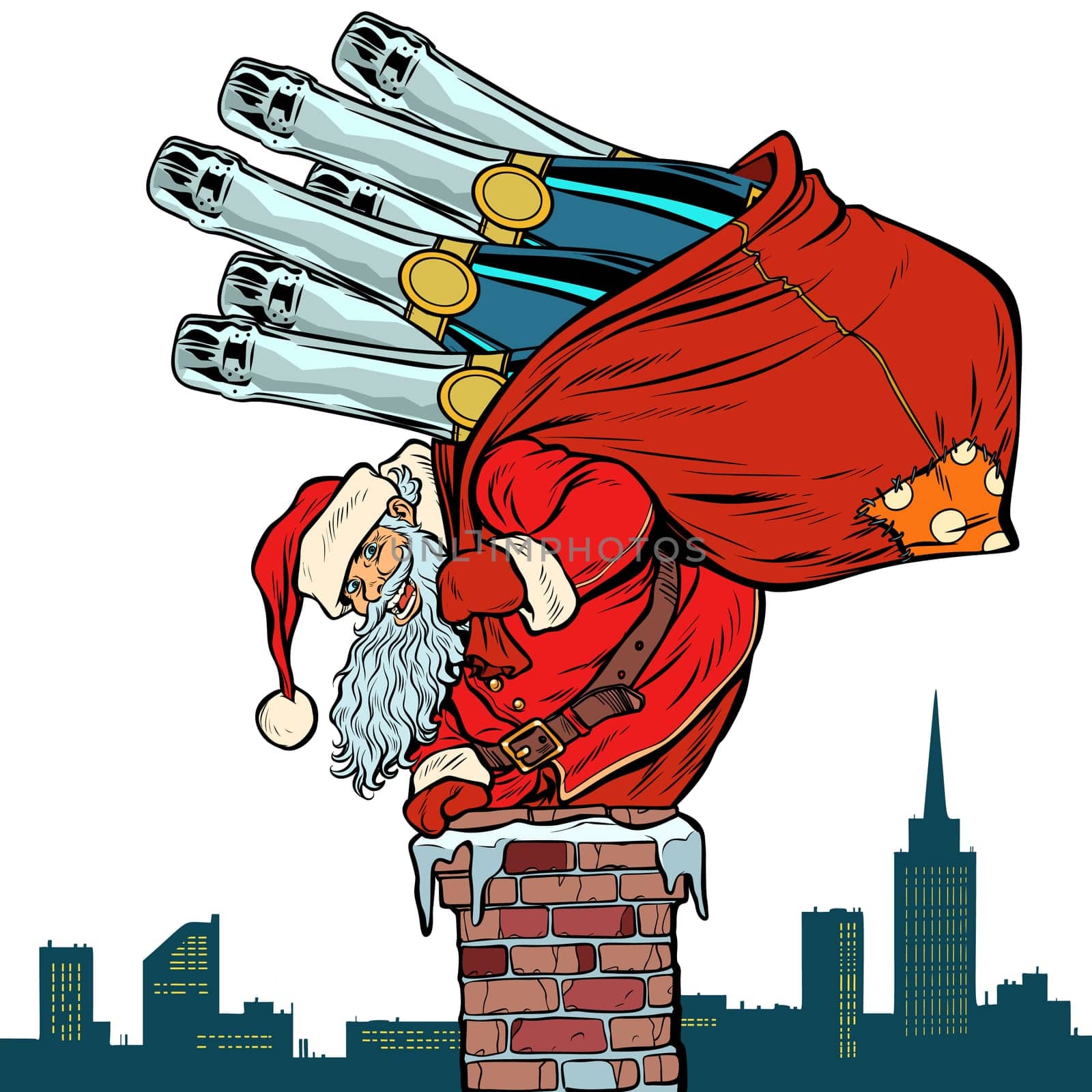 Santa Claus with champagne climbs the chimney. Isolate on white background. Pop art retro vector illustration vintage kitsch drawing