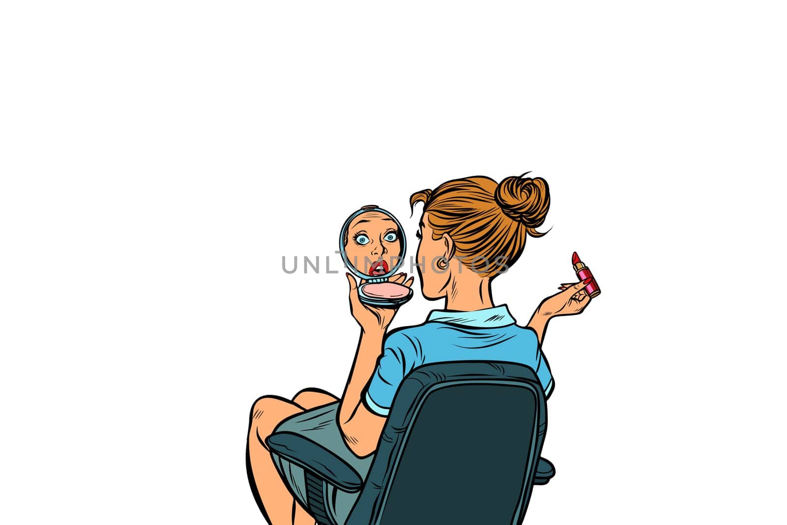 woman looks in the hand mirror and paints her lips. Pop art retro vector illustration vintage kitsch