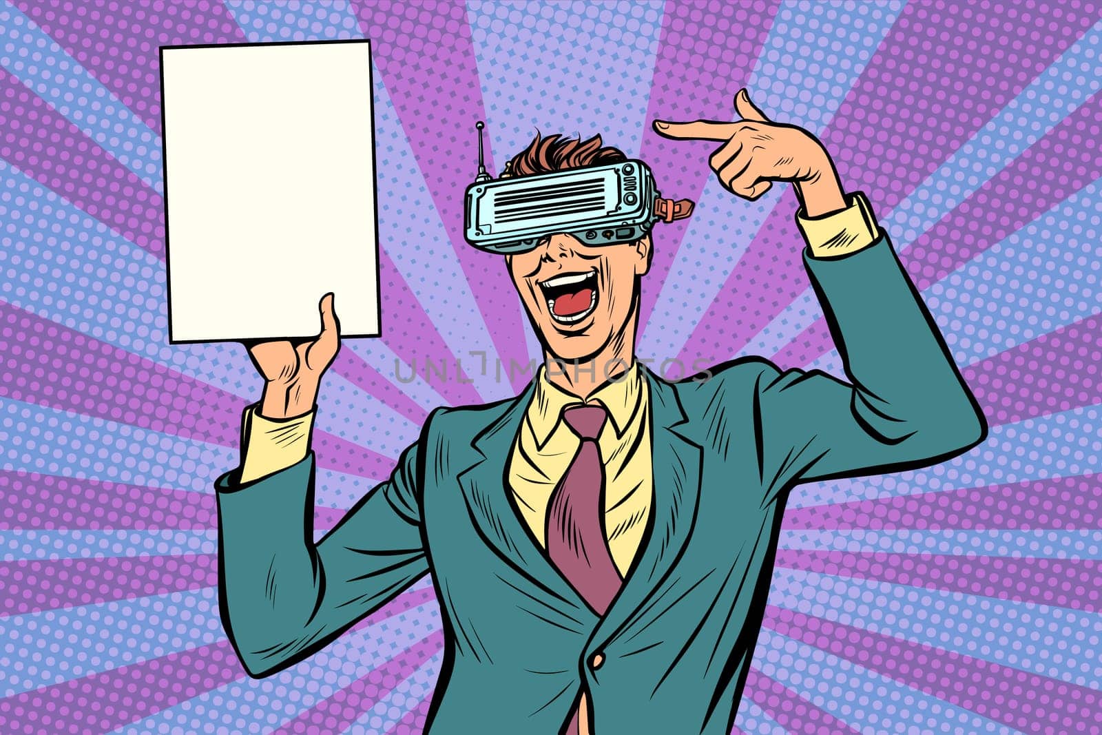 virtual reality VR glasses. Businessman points at copy space poster. Pop art retro vector illustration vintage kitsch