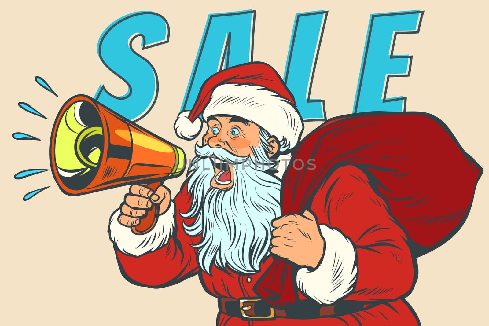 Christmas sale Santa Claus with megaphone. Pop art retro vector illustration vintage kitsch