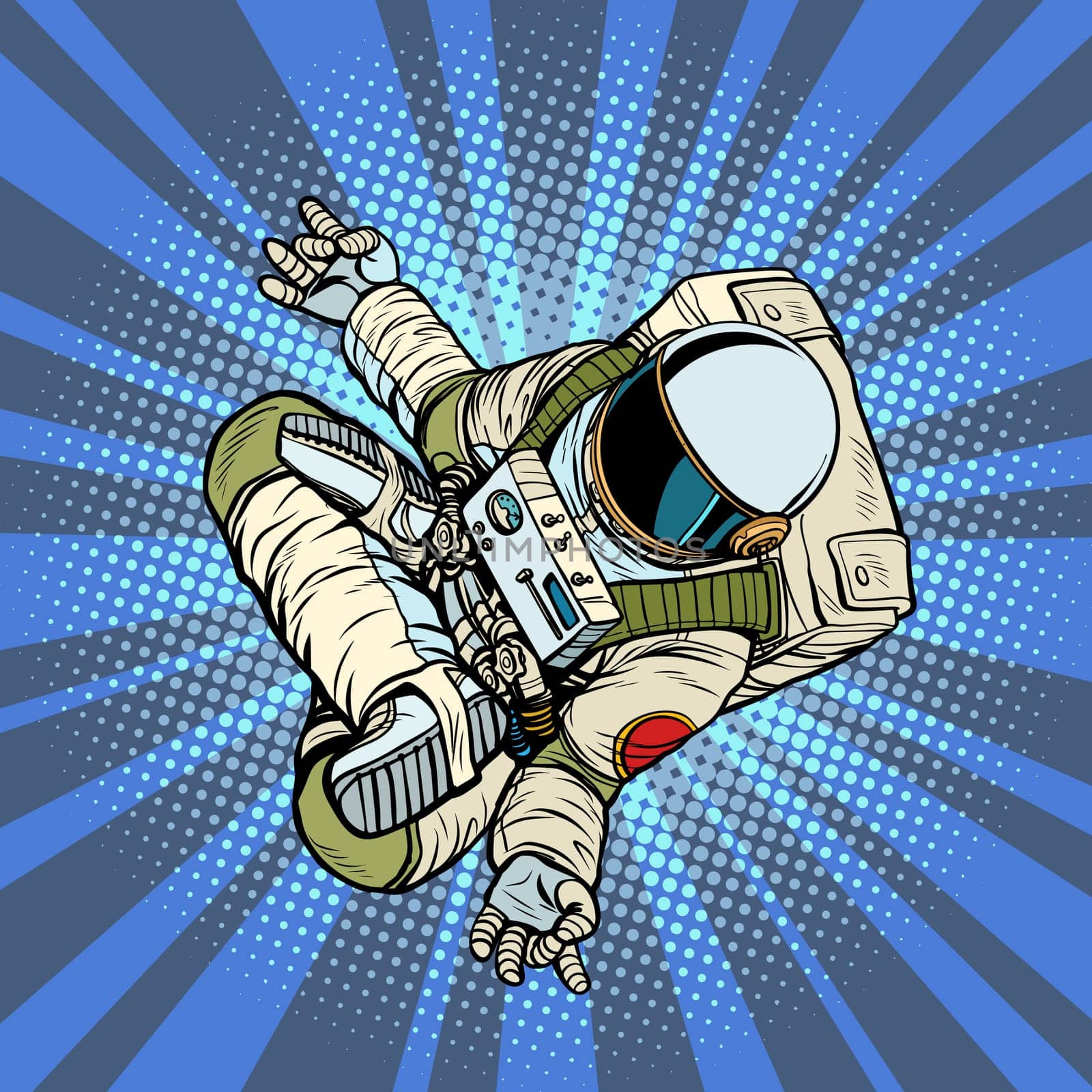 astronaut the yoga Lotus position. Top view. Pop art retro vector illustration kitsch vintage