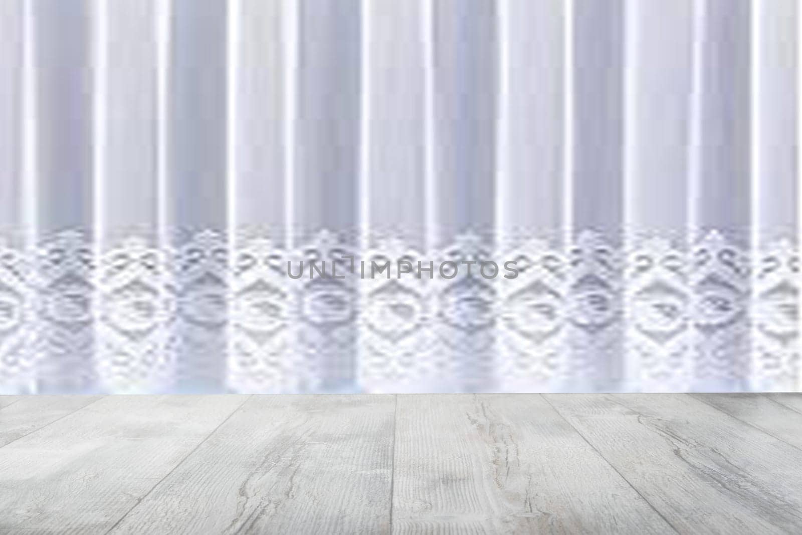 Empty rustic wooden table in front of blurred white curtain. Template for your product display montage. Space.