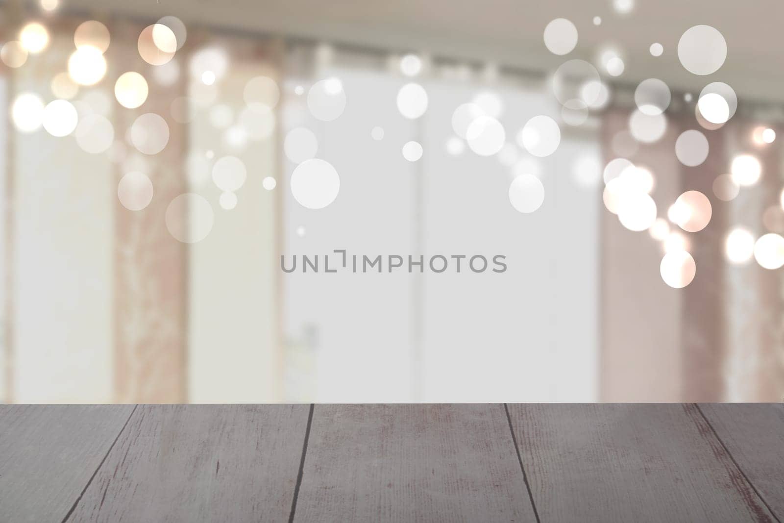 Empty rustic wooden table in front of blurred curtain window bokeh background. Template for your product display montage. Space.