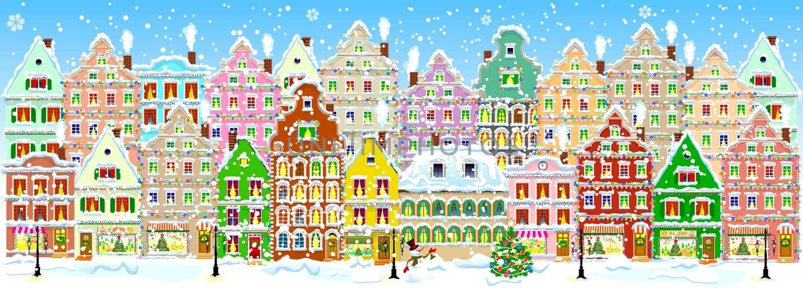 City street in winter. Christmas Eve. The winter vacation. The houses are covered with snow. Snow on a city street. Houses decorated before the winter holidays.  Snow-covered city street.