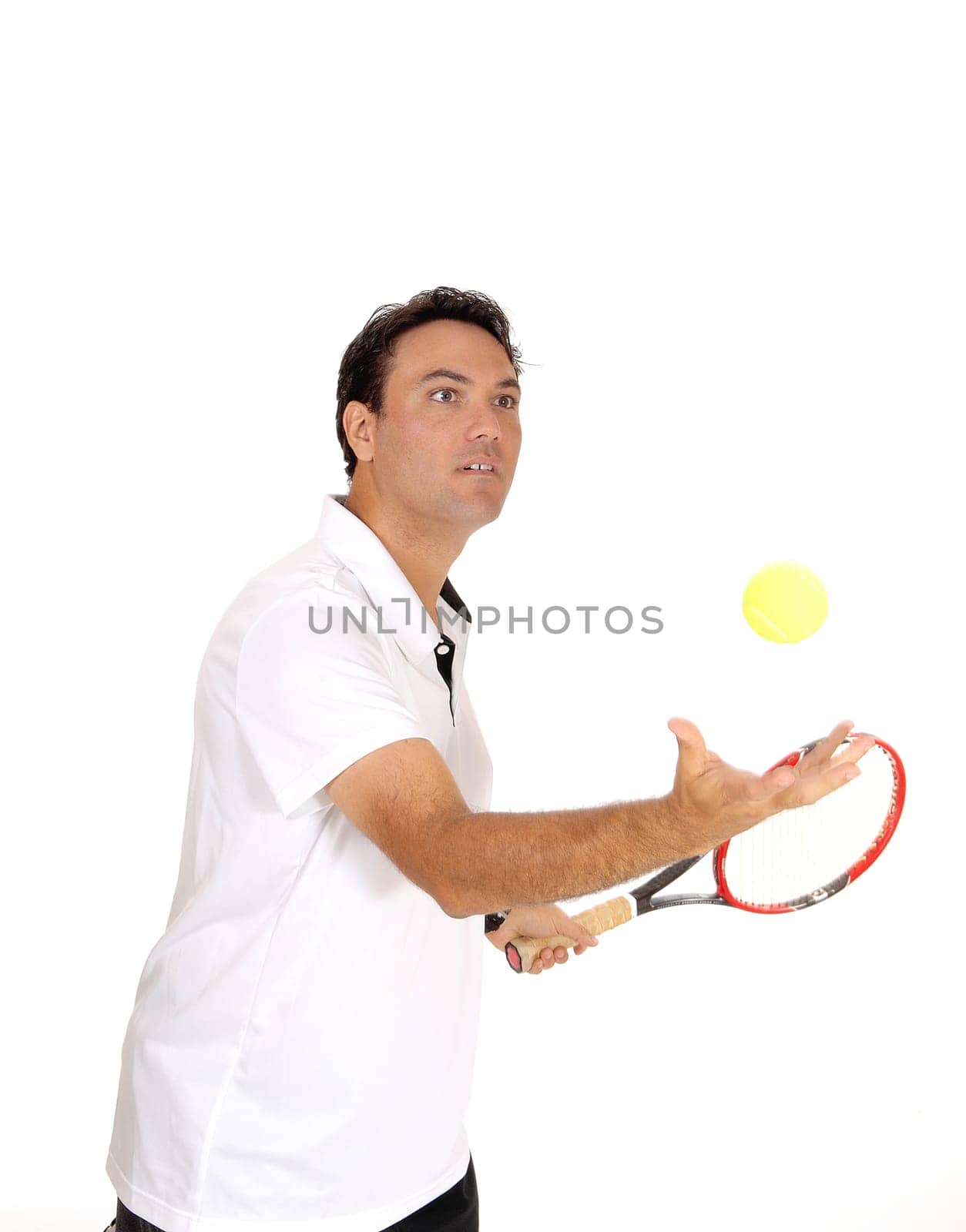 A handsome young man in a white shirt trothing his yellow ball in the.catching it with his hand, isolated for white background.