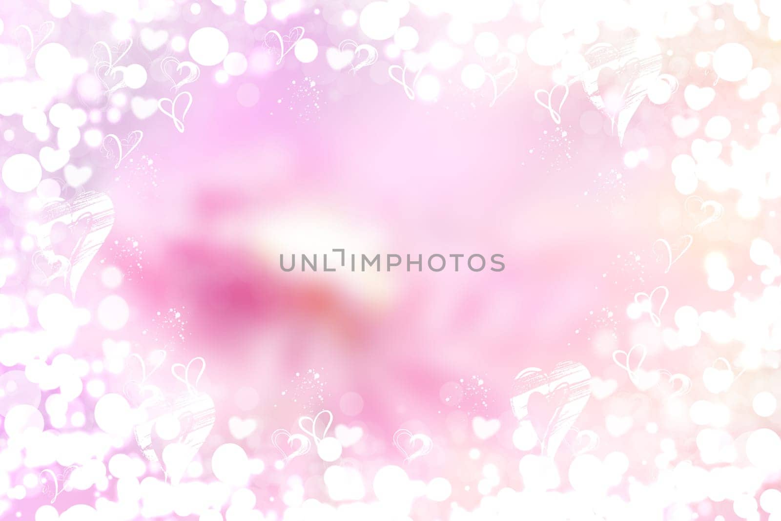 Abstract festive blur bright pink pastel background with white hearts love bokeh for valentine or wedding card. Space for design. Card concept.