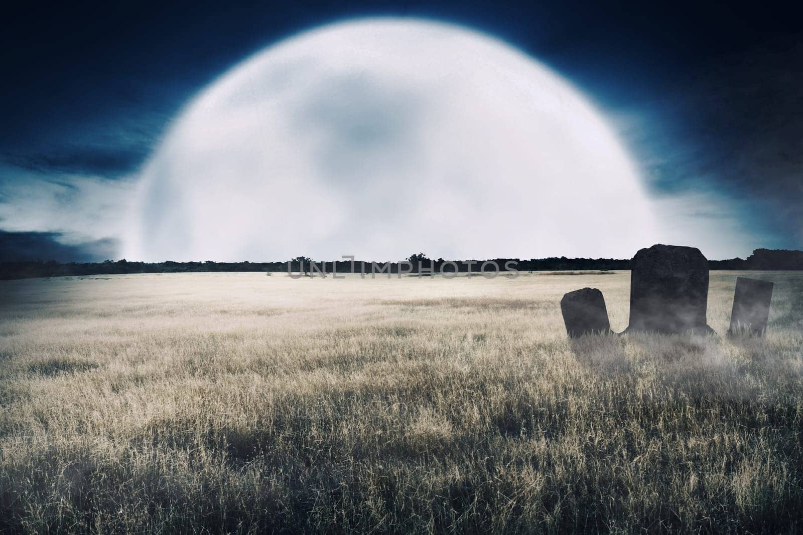 Creepy grass fields with graves and tombstone on the midnight. Halloween background