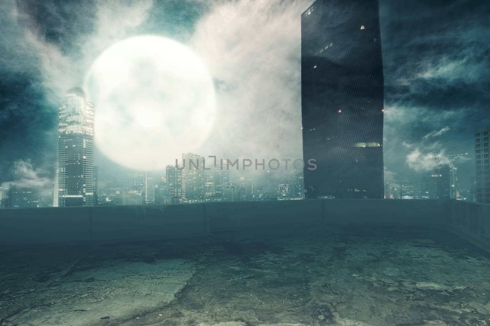 Dramatic view of cityscape at night. Halloween background